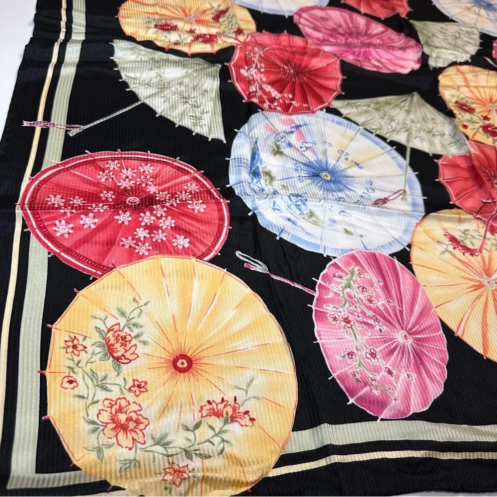 Talbots 100% Silk Scarf – Black with Multi-Colored Floral Parasols, Like New